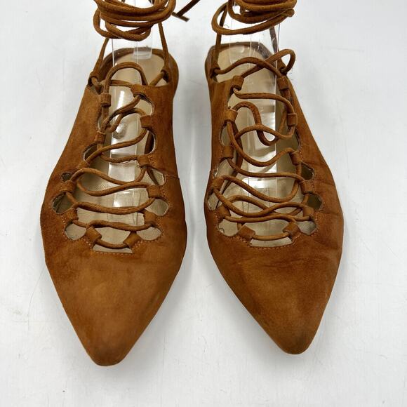 Stuart Weitzman Stringdown Suede Lace-Up Flat Amaretto Tan Pointy Toe Mule - Picture 3 of 9